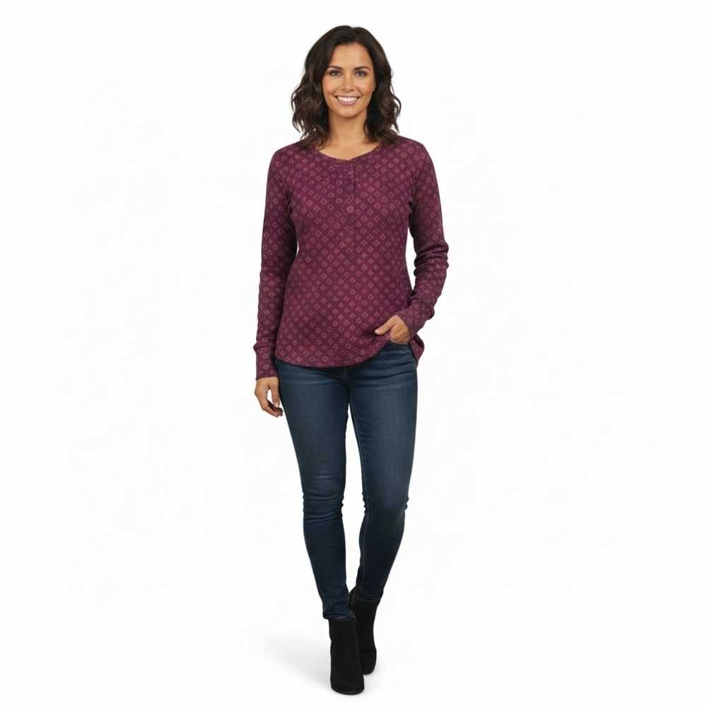 Dalia Burgundy Waffle Knit Henley Top Geometric Print Large L Long Sleeve Soft